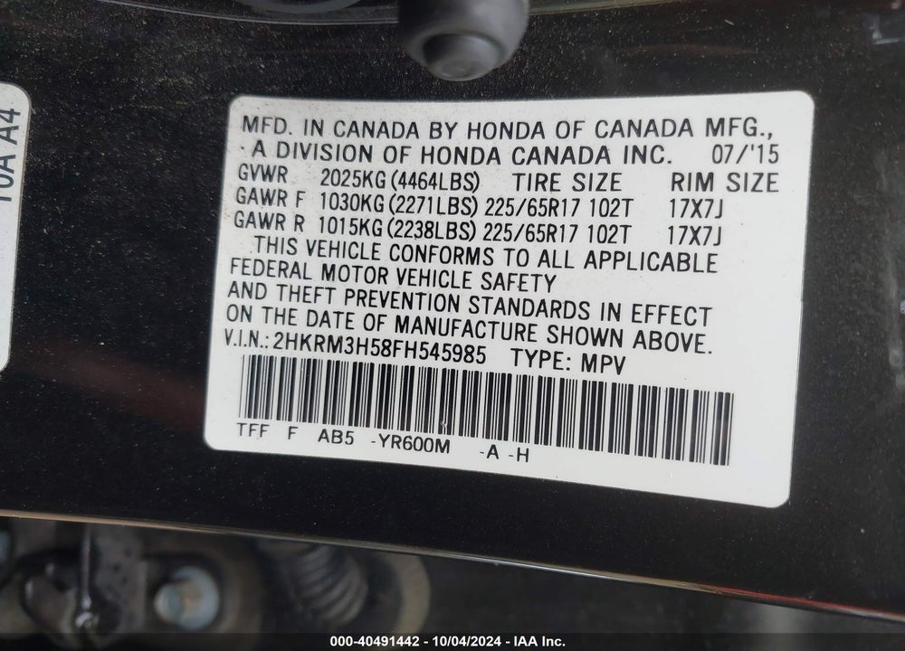 2015 HONDA CR-V EX VIN: 2HKRM3H58FH545985