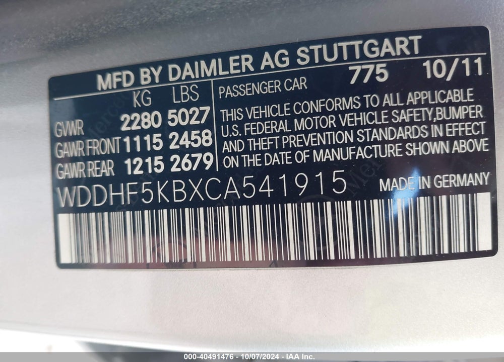2012 MERCEDES-BENZ E 350 VIN: WDDHF5KBXCA541915