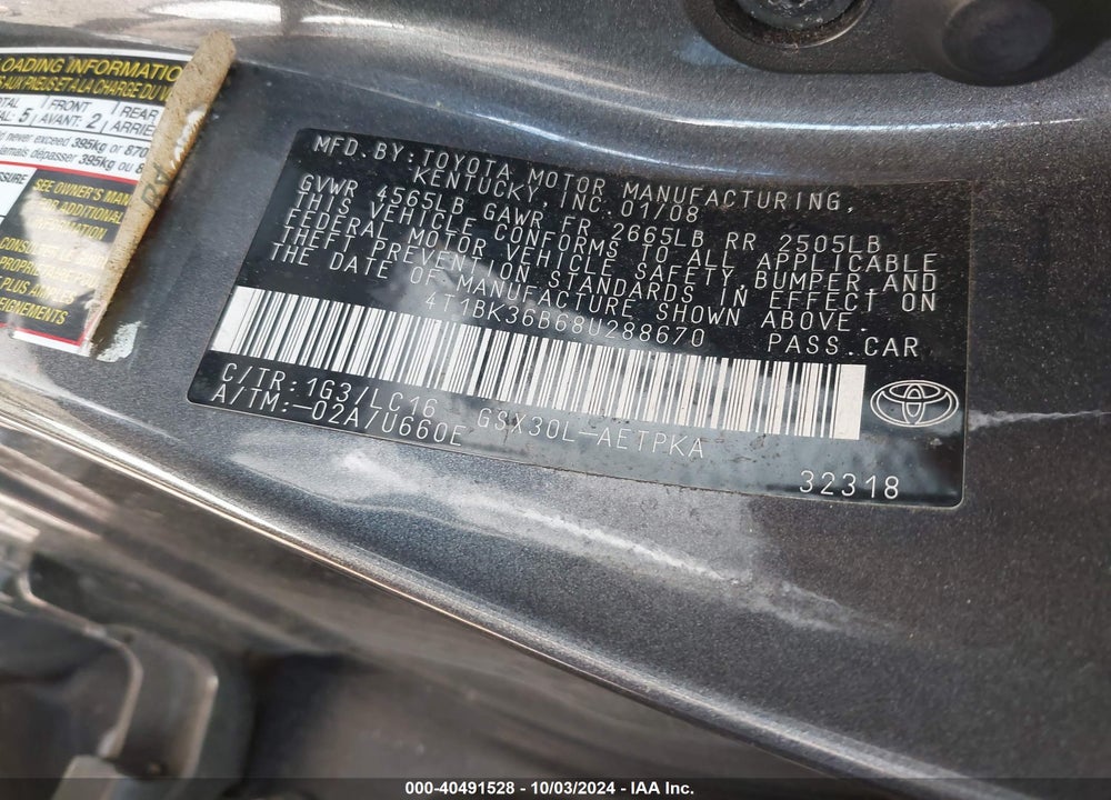 2008 TOYOTA AVALON LIMITED VIN: 4T1BK36B68U288670