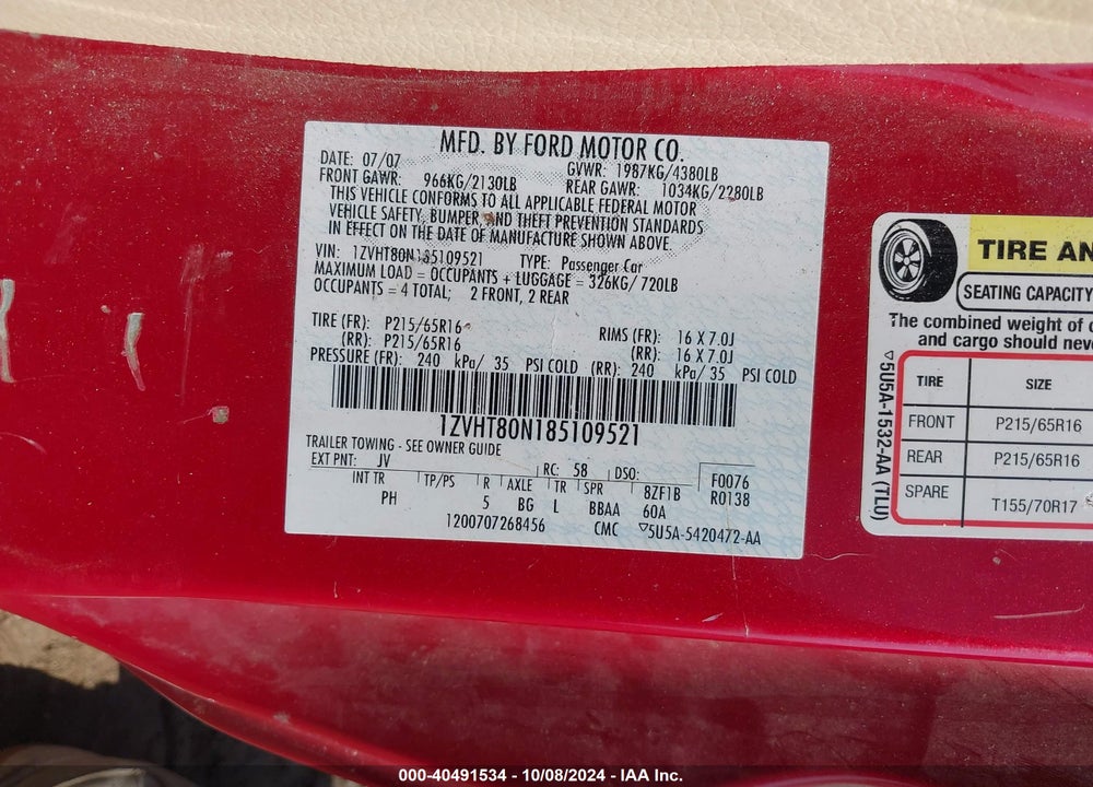 2008 FORD MUSTANG V6 DELUXE/V6 PREMIUM VIN: 1ZVHT80N185109521