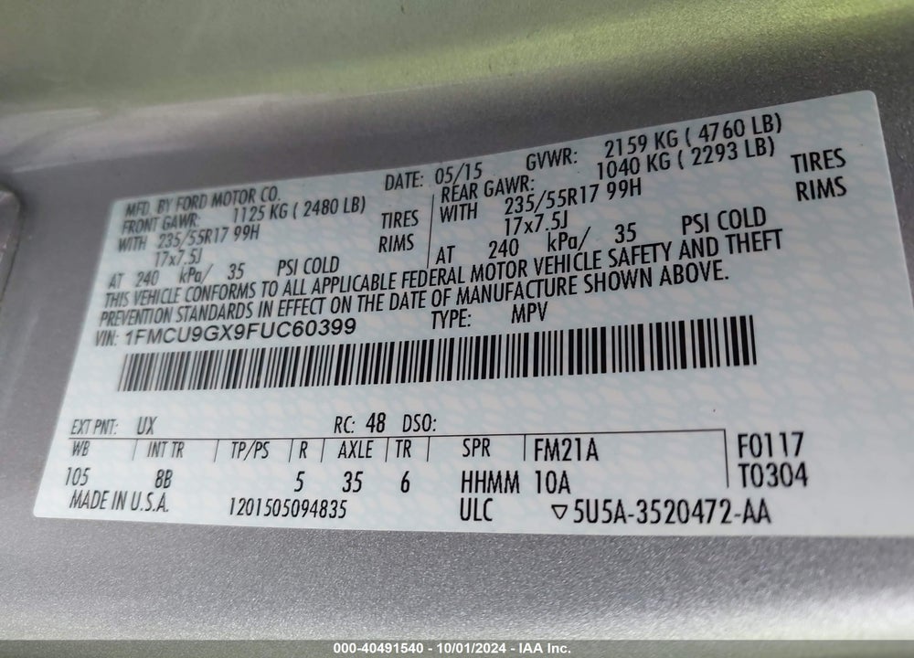 2015 FORD ESCAPE SE VIN: 1FMCU9GX9FUC60399
