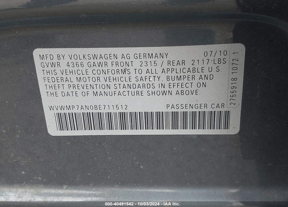 2011 VOLKSWAGEN CC SPORT VIN: WVWMP7AN0BE711512