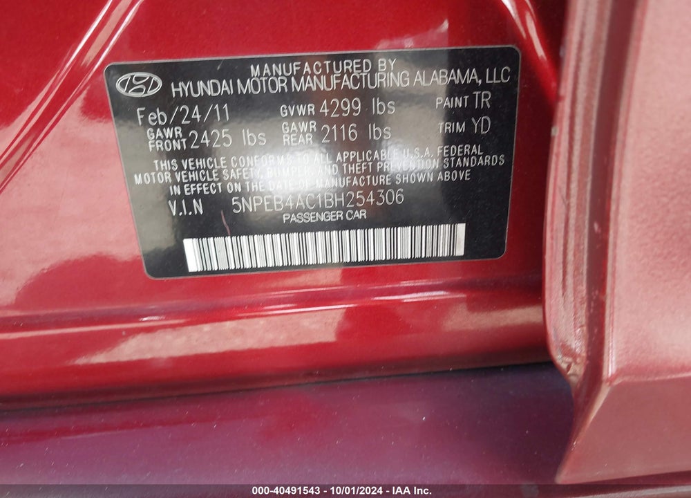 2011 HYUNDAI SONATA GLS VIN: 5NPEB4AC1BH254306