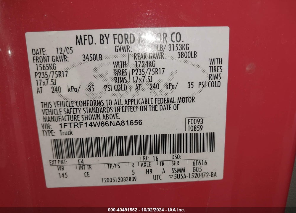 2006 FORD F-150 STX/XL/XLT VIN: 1FTRF14W66NA81656