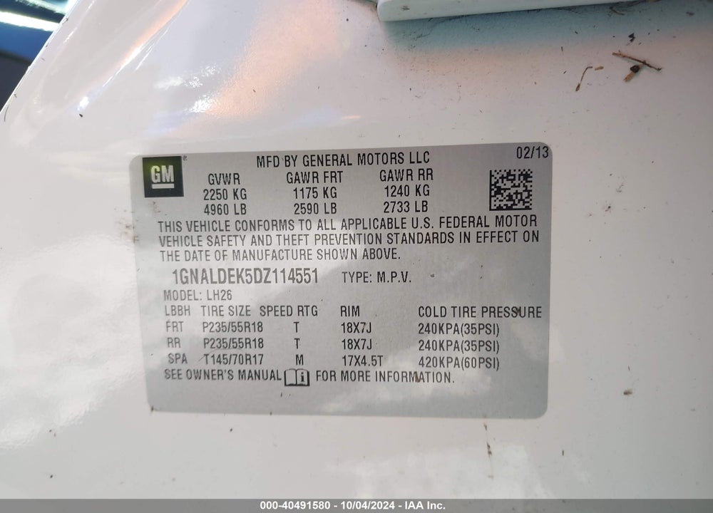 2013 CHEVROLET EQUINOX 1LT VIN: 1GNALDEK5DZ114551