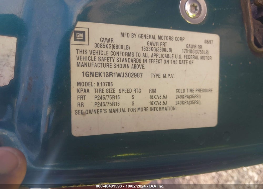 1998 CHEVROLET TAHOE LS VIN: 1GNEK13R1WJ302987
