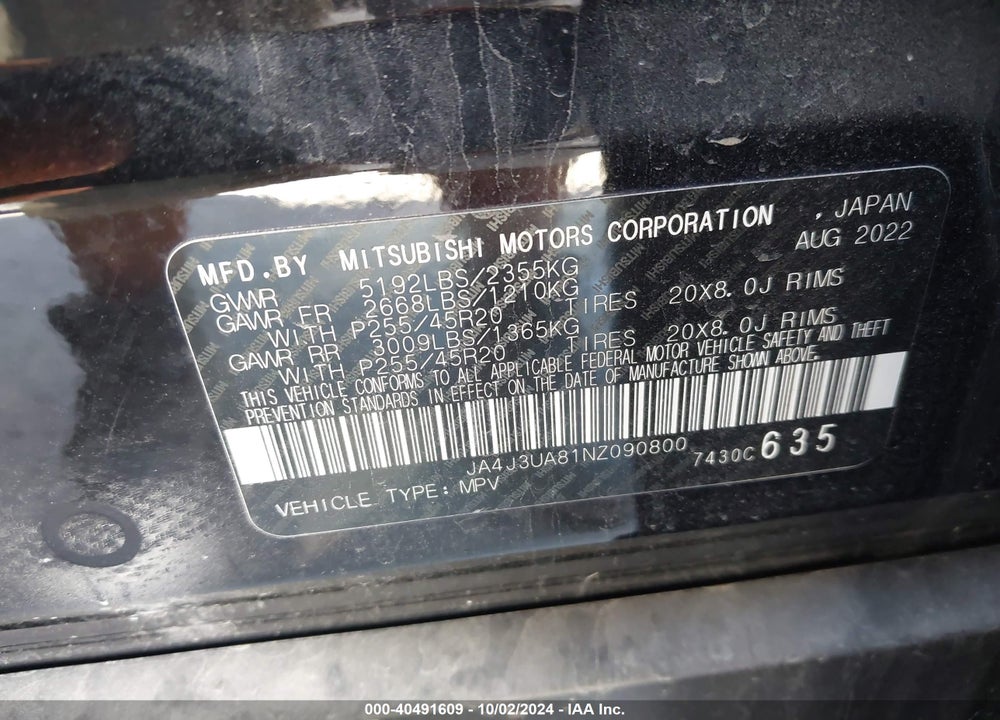 2022 MITSUBISHI OUTLANDER BLACK EDITION 2WD/SE 2.5 2WD/SE LAUNCH EDITION 2WD VIN: JA4J3UA81NZ090800