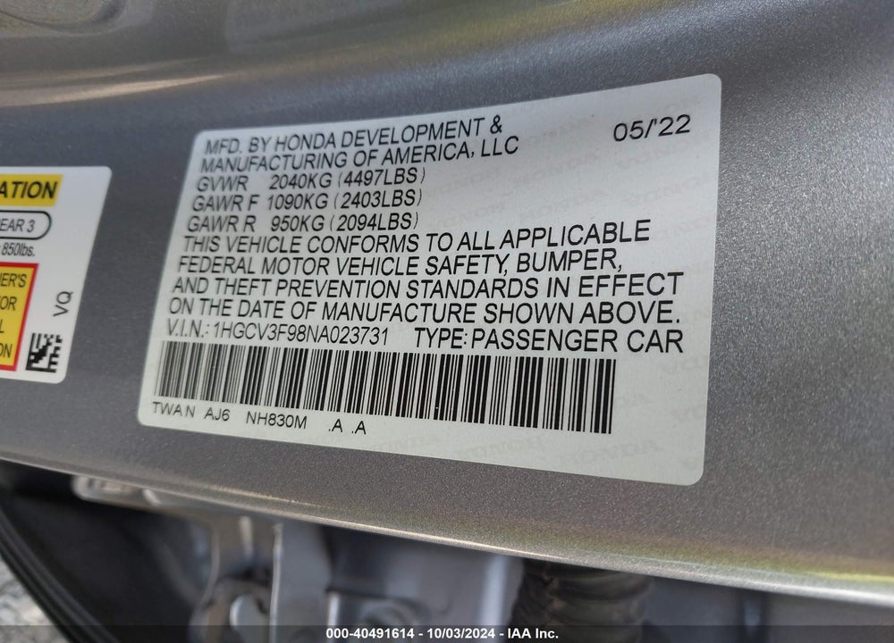 2022 HONDA ACCORD HYBRID TOURING VIN: 1HGCV3F98NA023731