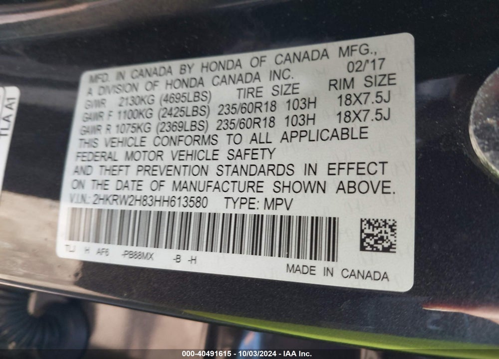 2017 HONDA CR-V EX-L/EX-L NAVI VIN: 2HKRW2H83HH613580