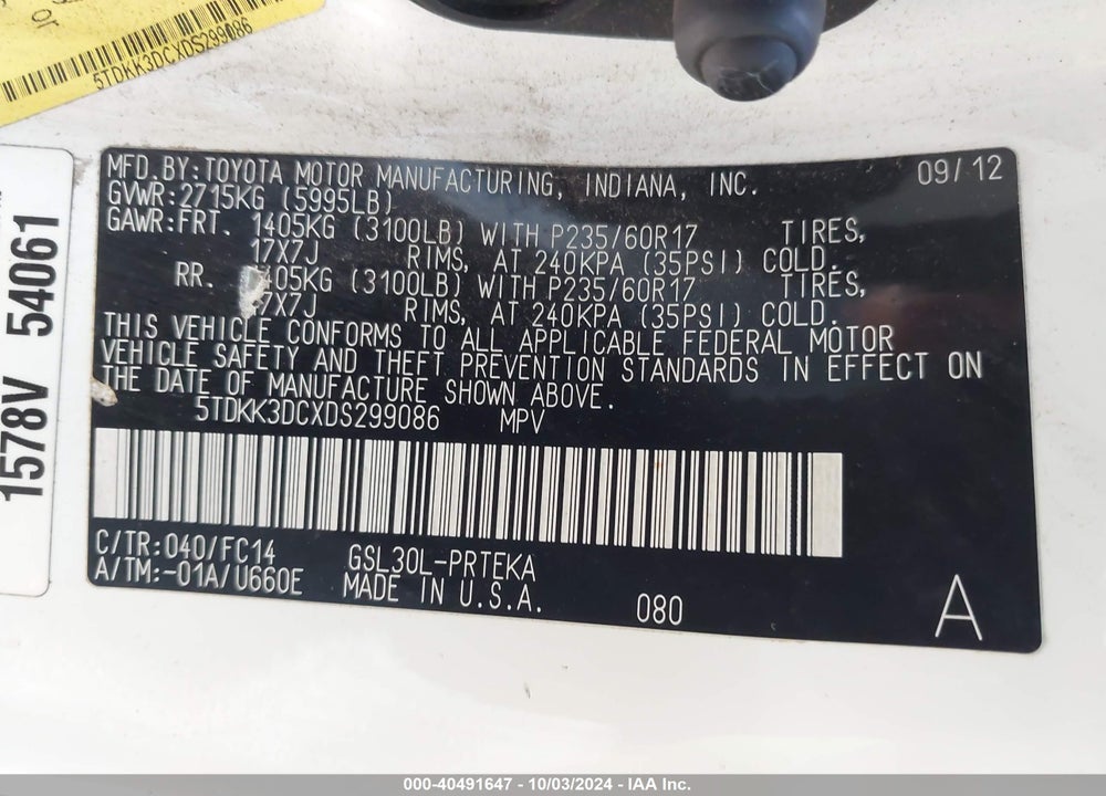 2013 TOYOTA SIENNA LE V6 8 PASSENGER VIN: 5TDKK3DCXDS299086