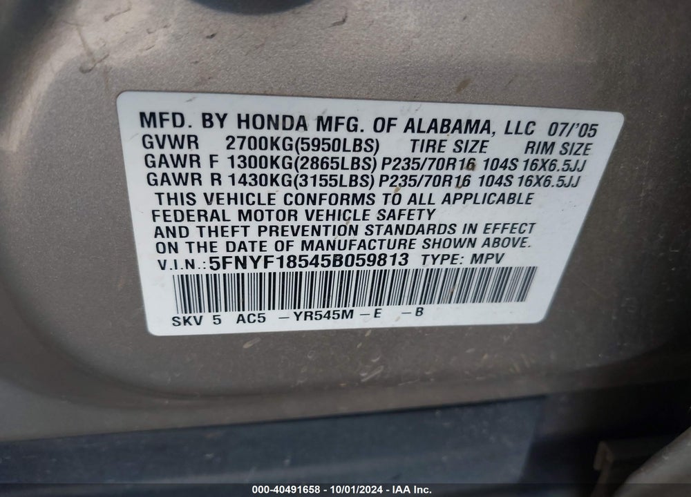 2005 HONDA PILOT EX-L VIN: 5FNYF18545B059813