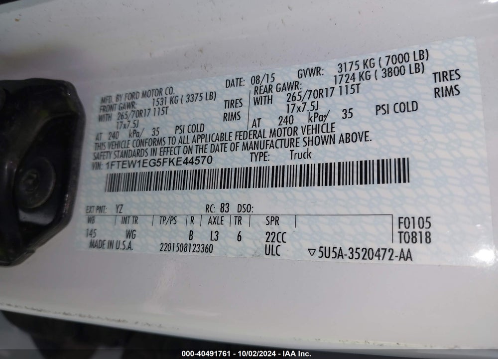 2015 FORD F-150 XL VIN: 1FTEW1EG5FKE44570