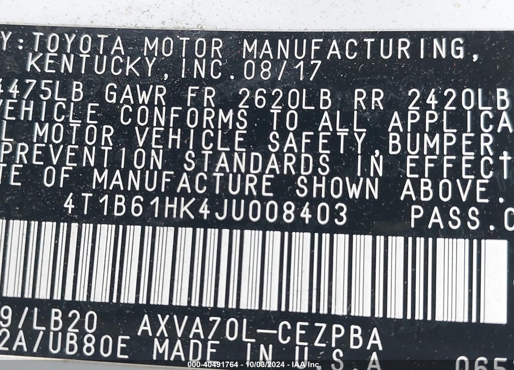 2018 TOYOTA CAMRY XSE VIN: 4T1B61HK4JU008403