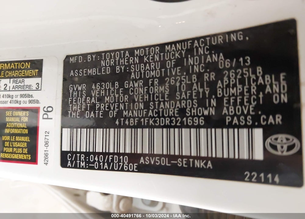 2013 TOYOTA CAMRY LE VIN: 4T4BF1FK3DR321696