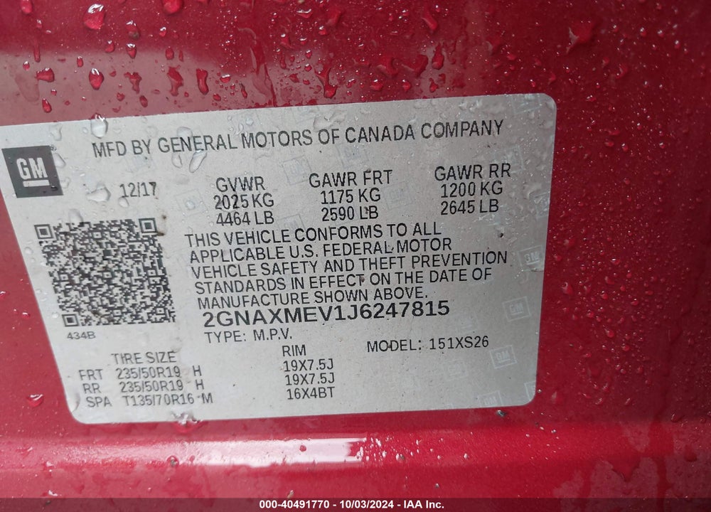 2018 CHEVROLET EQUINOX PREMIER VIN: 2GNAXMEV1J6247815