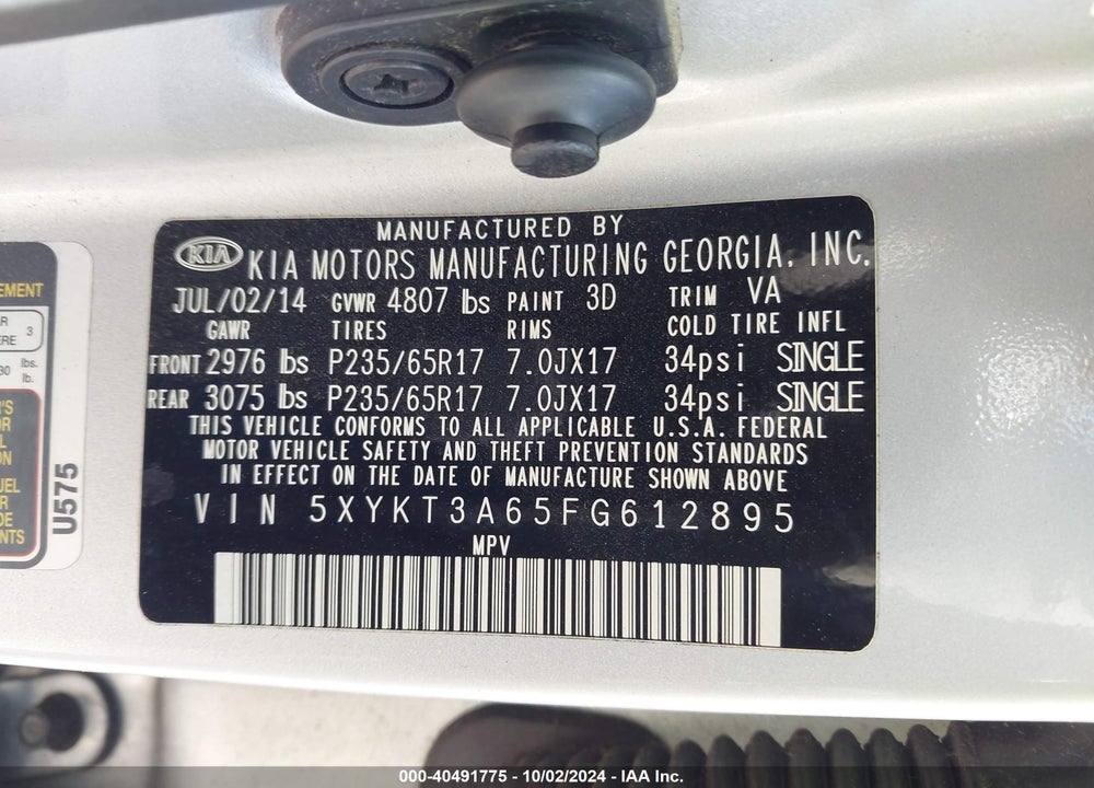 2015 KIA SORENTO LX VIN: 5XYKT3A65FG612895