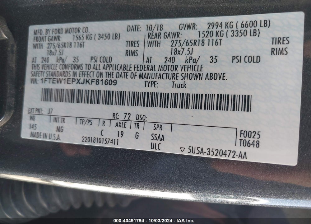 2018 FORD F-150 XLT VIN: 1FTEW1EPXJKF81609