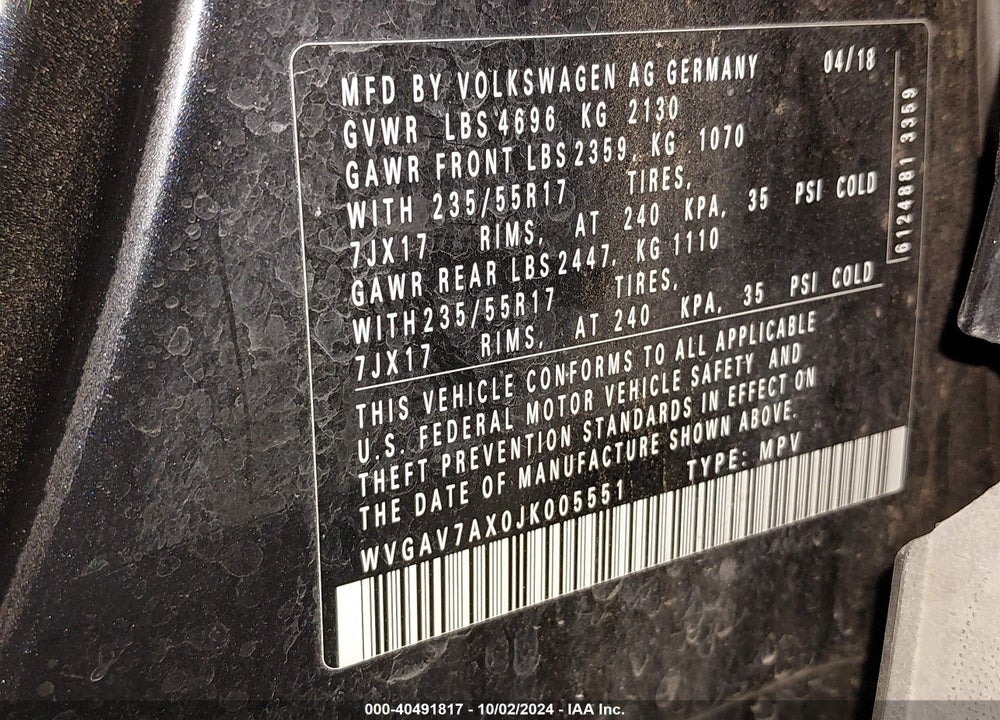 2018 VOLKSWAGEN TIGUAN LIMITED 2.0T VIN: WVGAV7AX0JK005551