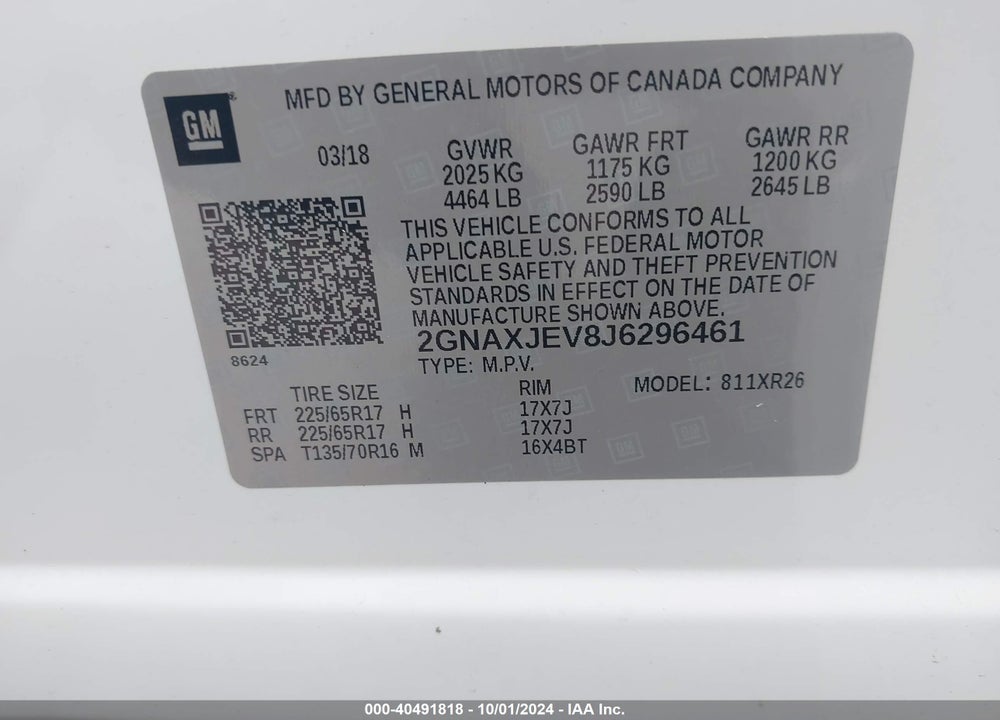 2018 CHEVROLET EQUINOX LT VIN: 2GNAXJEV8J6296461