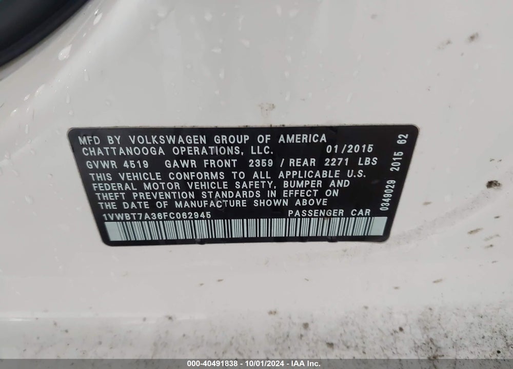 2015 VOLKSWAGEN PASSAT 1.8T SE VIN: 1VWBT7A36FC062945