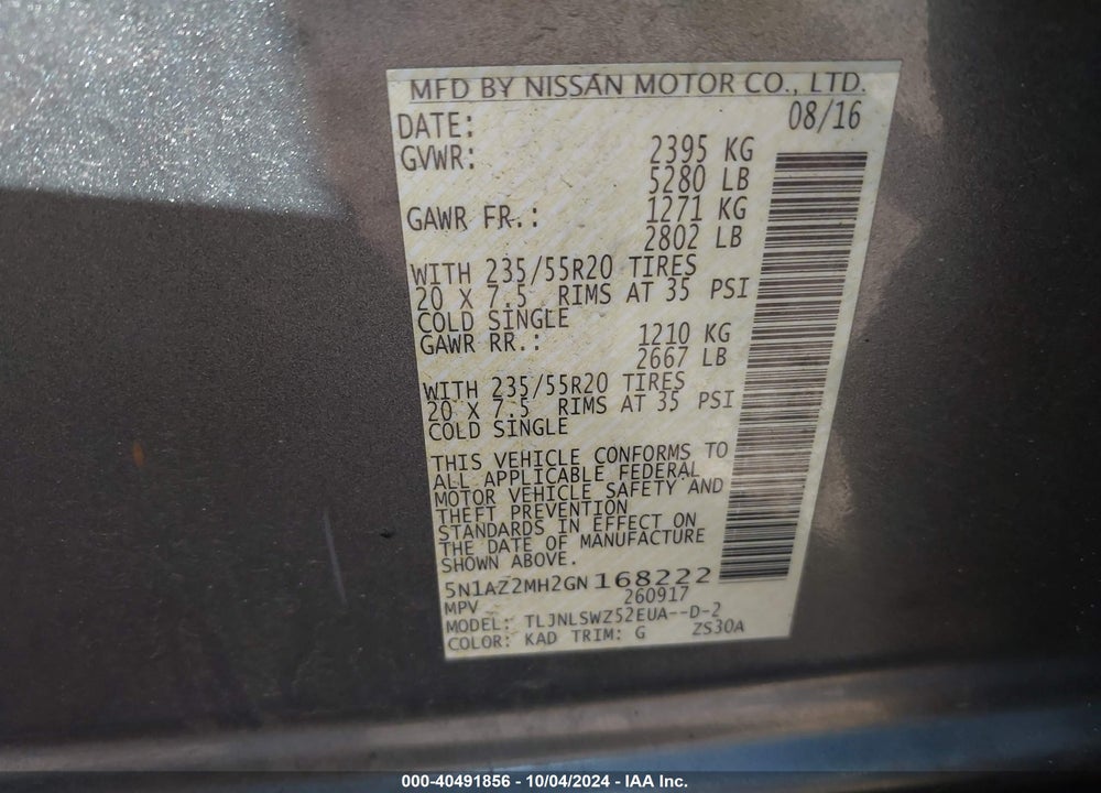 2016 NISSAN MURANO PLATINUM VIN: 5N1AZ2MH2GN168222