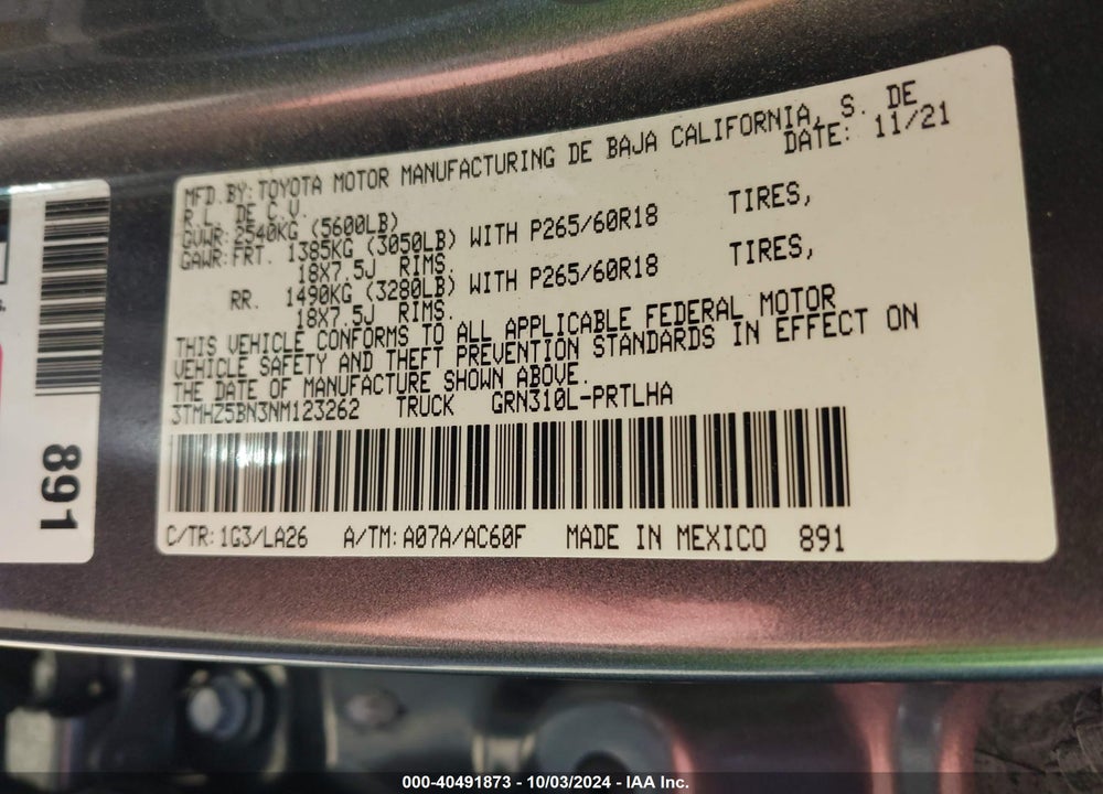 2022 TOYOTA TACOMA LIMITED VIN: 3TMHZ5BN3NM123262