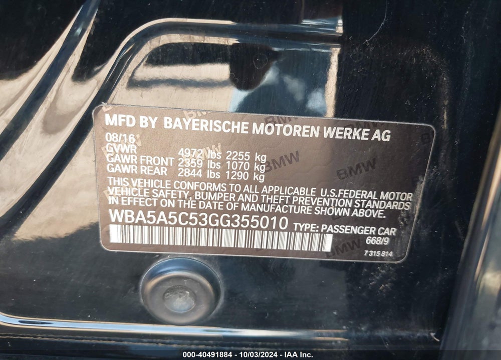 2016 BMW 528I VIN: WBA5A5C53GG355010