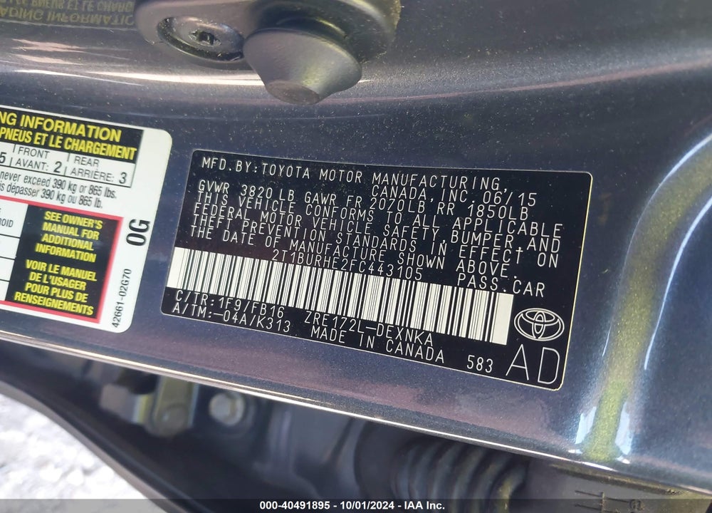 2015 TOYOTA COROLLA LE VIN: 2T1BURHE2FC443105