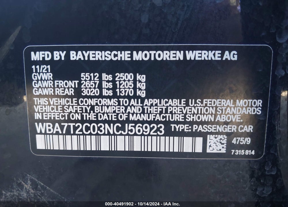 2022 BMW 740 I VIN: WBA7T2C03NCJ56923