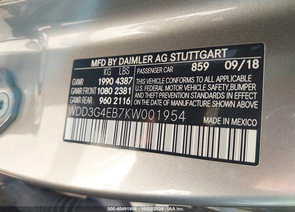 2019 MERCEDES-BENZ A 220 VIN: WDD3G4EB7KW001954