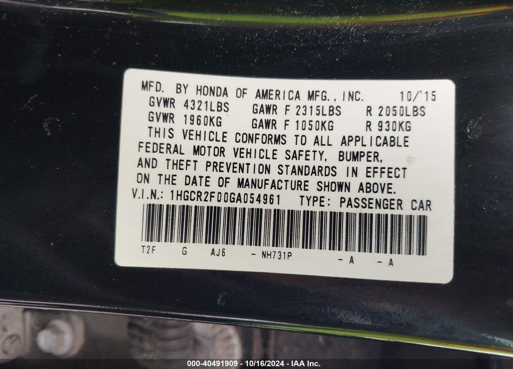 2016 HONDA ACCORD EX VIN: 1HGCR2F00GA054961