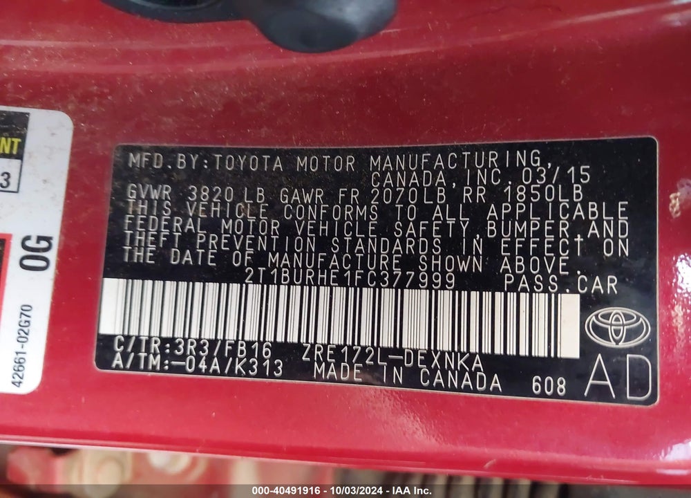 2015 TOYOTA COROLLA LE VIN: 2T1BURHE1FC377999