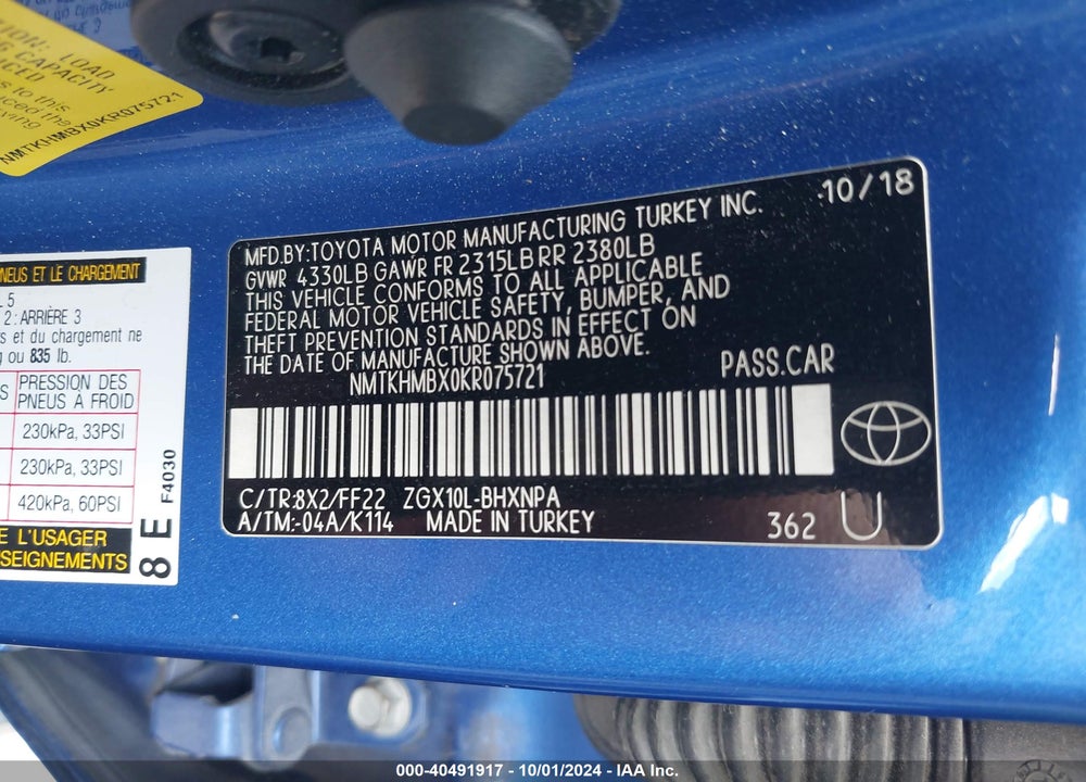 2019 TOYOTA C-HR XLE VIN: NMTKHMBX0KR075721