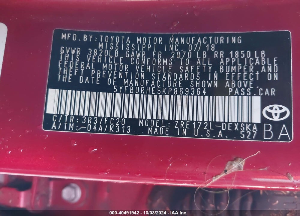 2019 TOYOTA COROLLA SE VIN: 5YFBURHE5KP869364