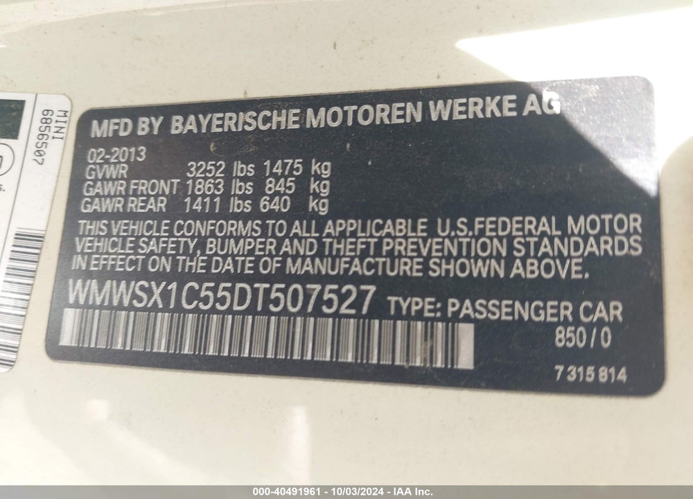 2013 MINI COUPE COOPER VIN: WMWSX1C55DT507527