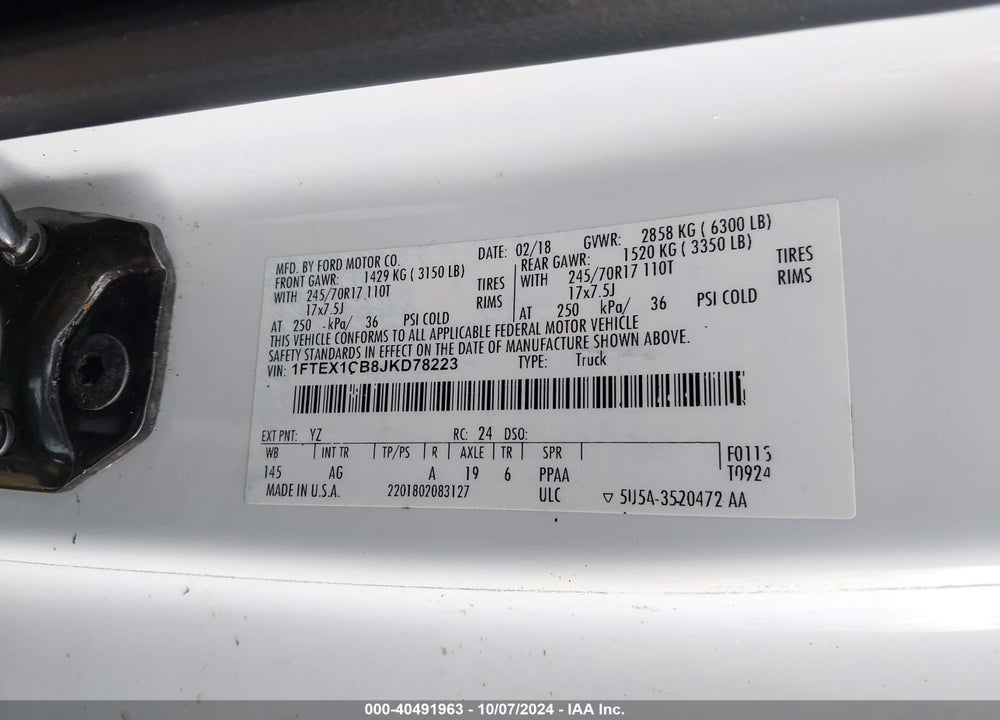 2018 FORD F-150 XL VIN: 1FTEX1CB8JKD78223