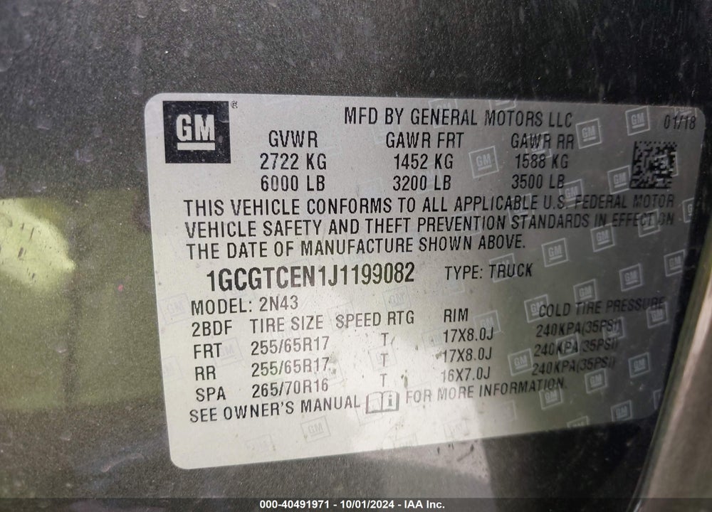 2018 CHEVROLET COLORADO LT VIN: 1GCGTCEN1J1199082