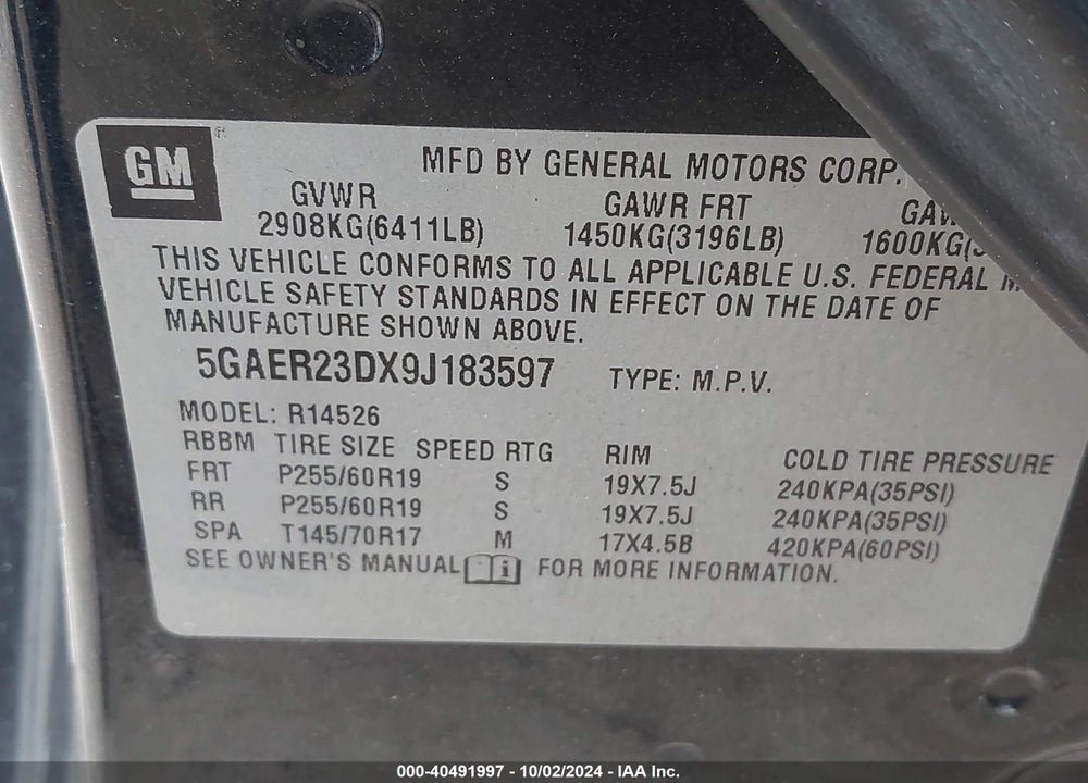 2009 BUICK ENCLAVE CXL VIN: 5GAER23DX9J183597