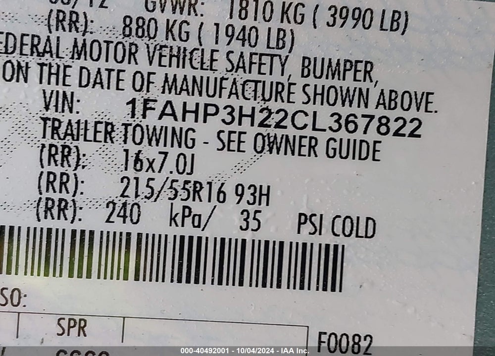 2012 FORD FOCUS SEL VIN: 1FAHP3H22CL367822
