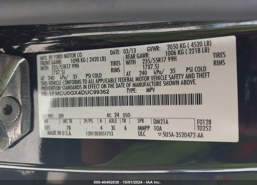 2013 FORD ESCAPE SE VIN: 1FMCU0GX4DUC99362
