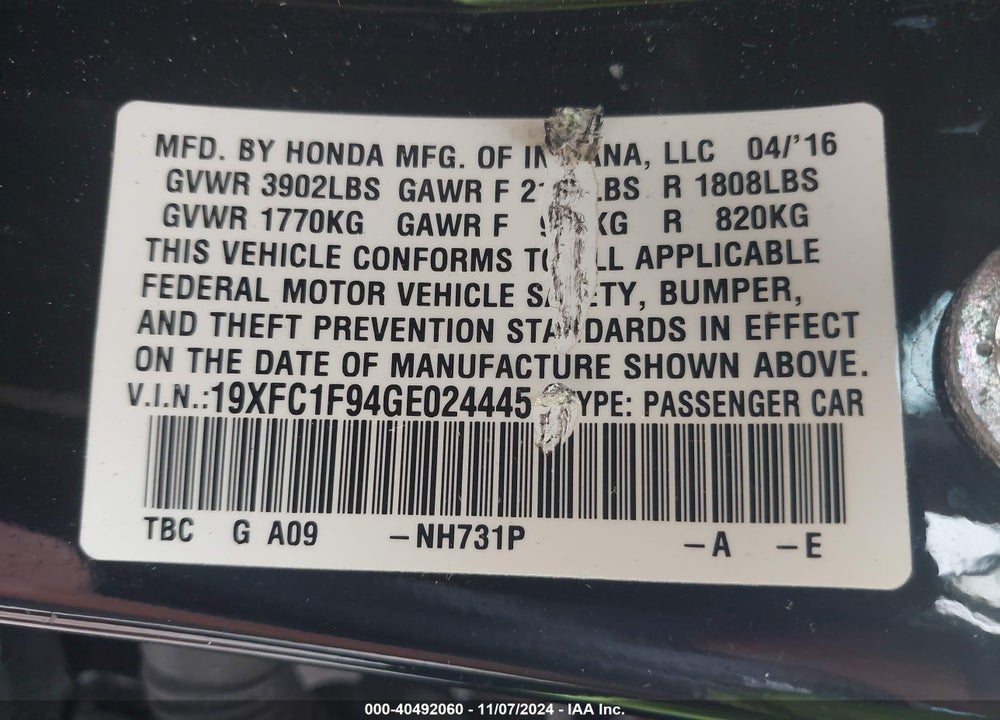 2016 HONDA CIVIC TOURING VIN: 19XFC1F94GE024445