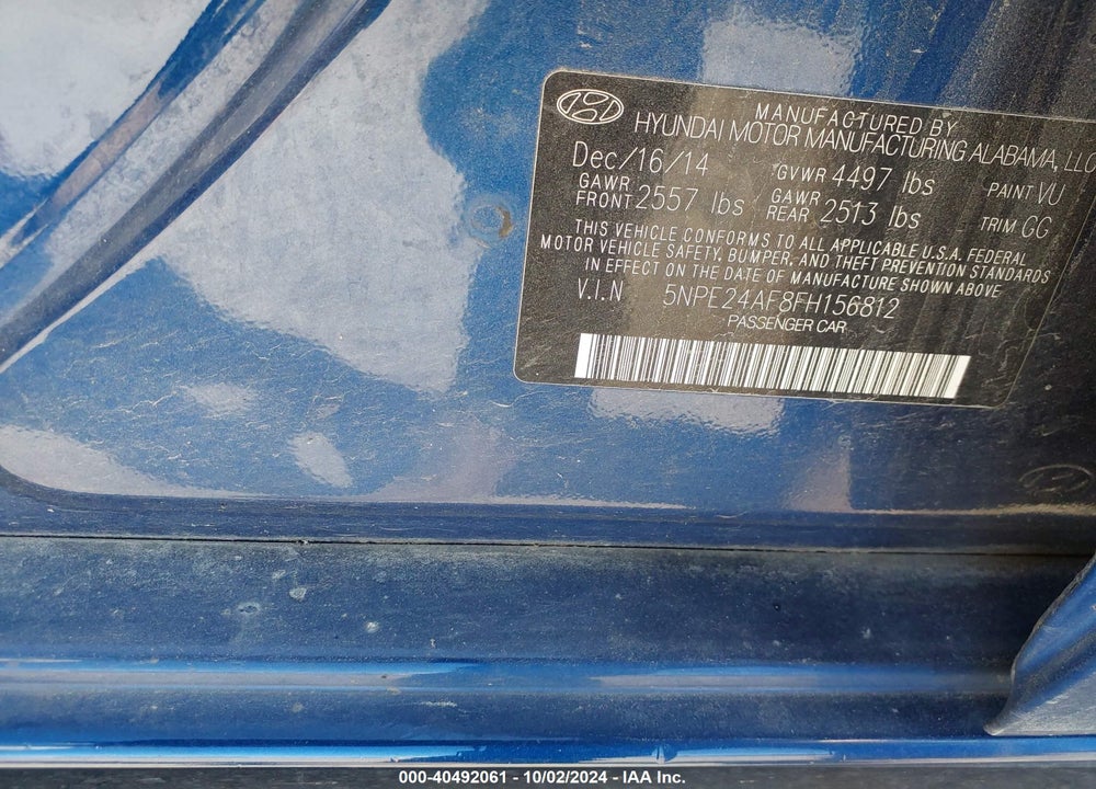 2015 HYUNDAI SONATA SE VIN: 5NPE24AF8FH156812