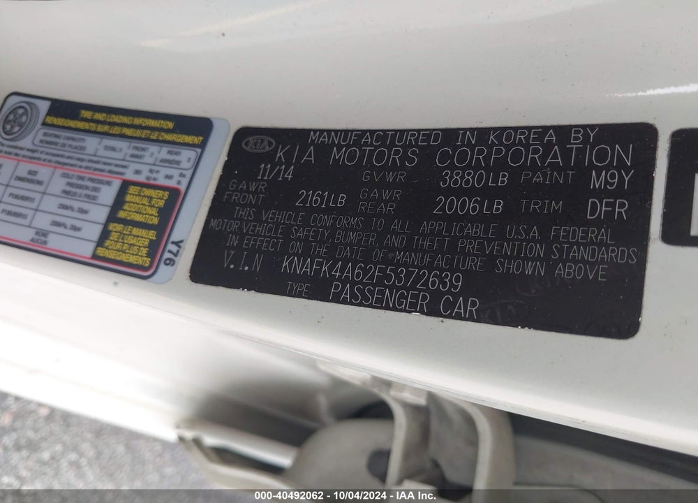2015 KIA FORTE LX VIN: KNAFK4A62F5372639