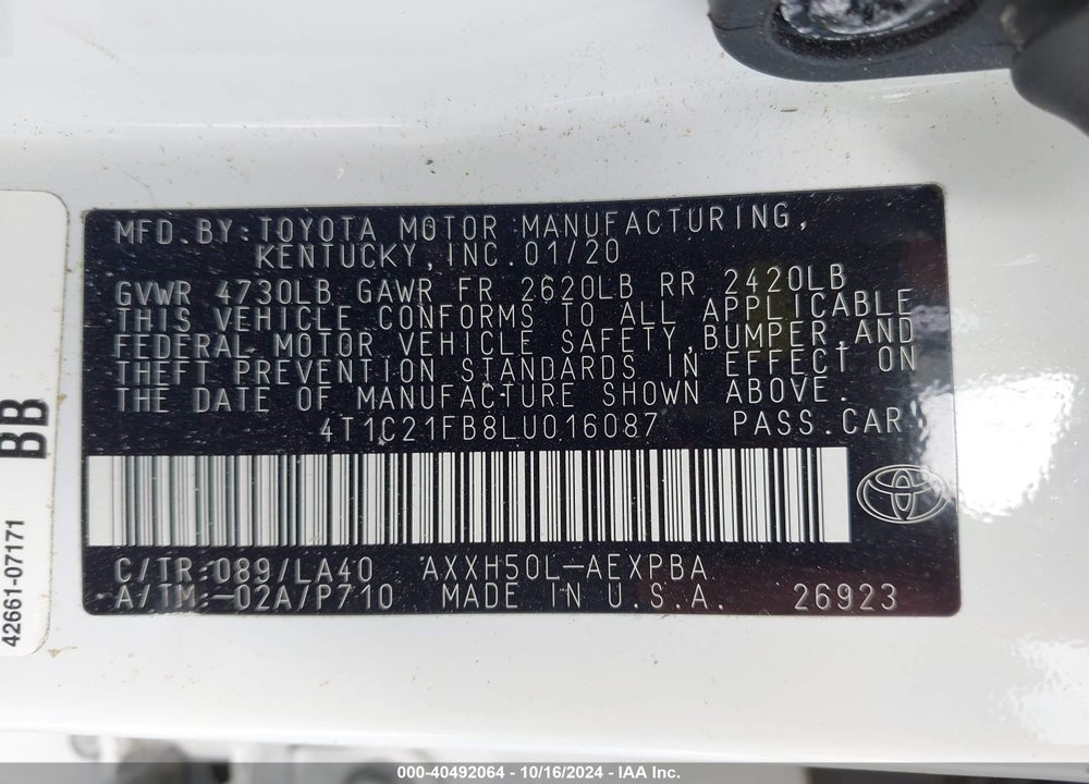 2020 TOYOTA AVALON HYBRID LIMITED VIN: 4T1C21FB8LU016087