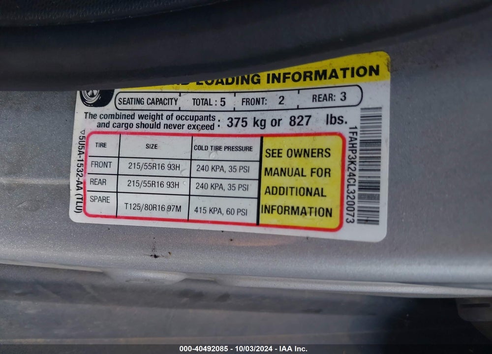 2012 FORD FOCUS SE VIN: 1FAHP3K24CL320073
