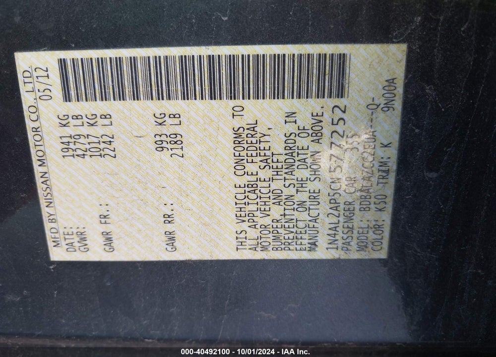 2012 NISSAN ALTIMA VIN: 1N4AL2AP5CN577252