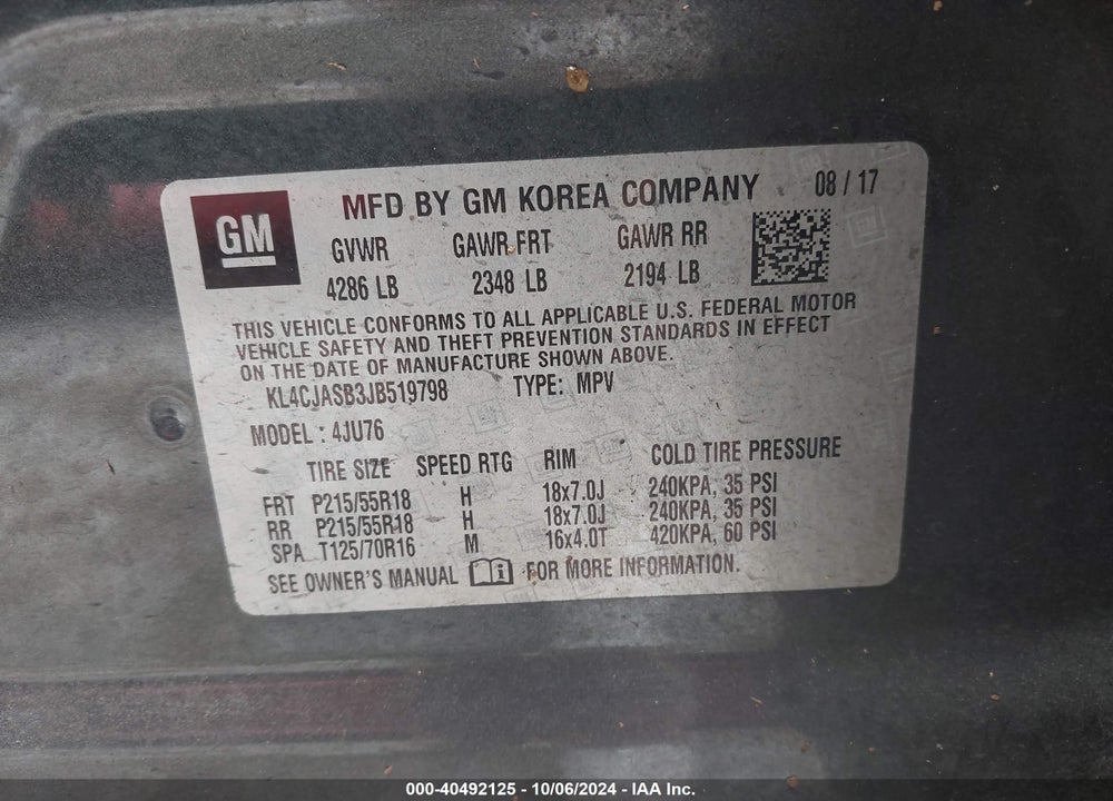 2018 ENCORE BUICK  PREFERRED VIN: KL4CJASB3JB519798