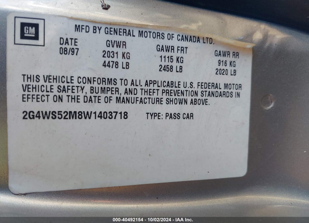 1998 BUICK CENTURY CUSTOM VIN: 2G4WS52M8W1403718