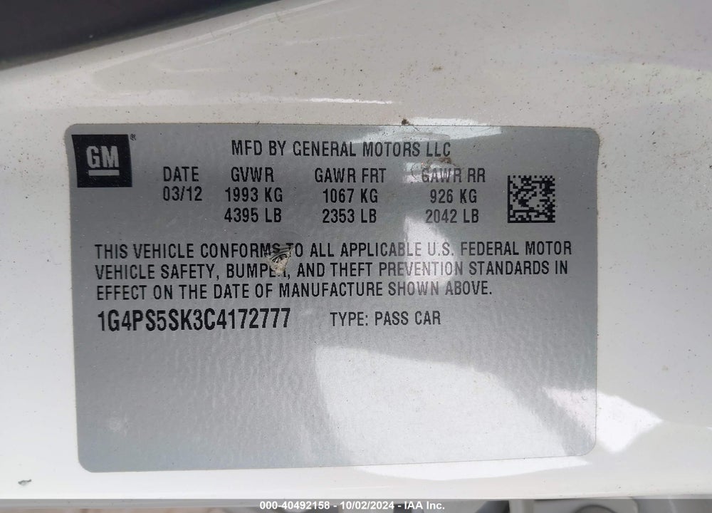 2012 BUICK VERANO LEATHER GROUP VIN: 1G4PS5SK3C4172777