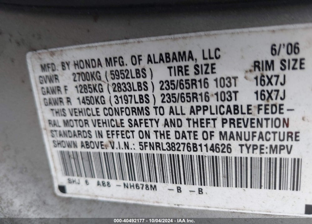 2006 HONDA ODYSSEY LX VIN: 5FNRL38276B114626